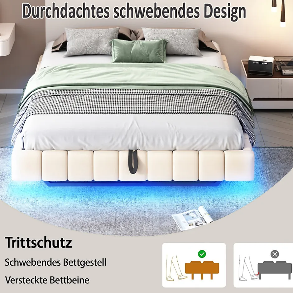 Okwish Lit Coffre Double 160x200 cm - avec Sommier à Ressorts et Rangement Intégré, LED Incluse, Sans Matelas, Tissu Lin Beige Online