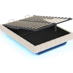 Okwish Lit Coffre Double 160x200 cm - avec Sommier à Ressorts et Rangement Intégré, LED Incluse, Sans Matelas, Tissu Lin Beige Online