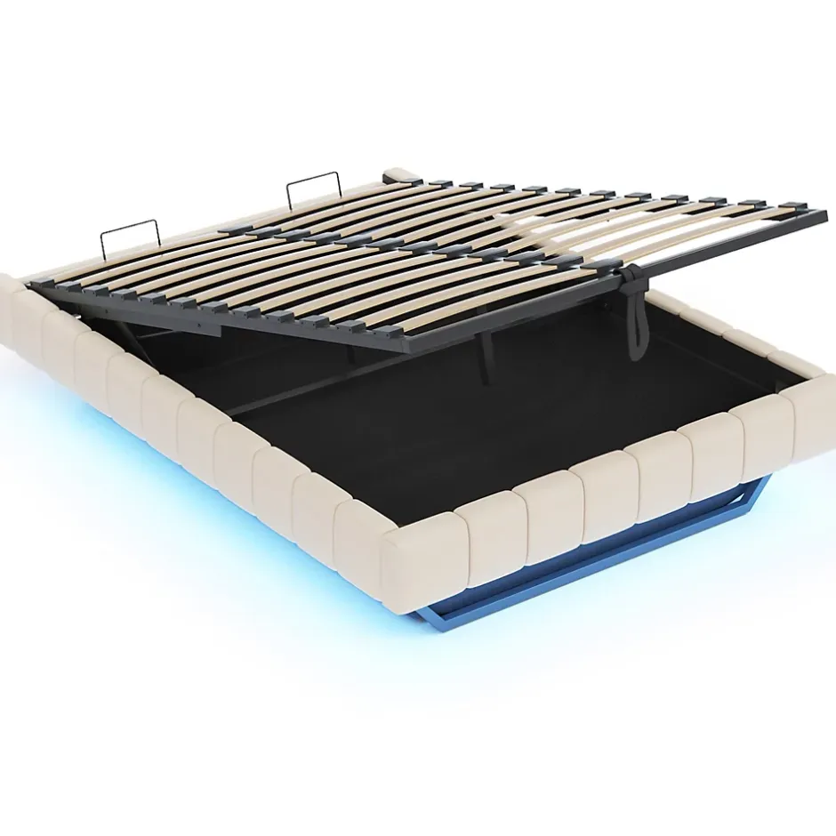Okwish Lit Coffre Double 160x200 cm - avec Sommier à Ressorts et Rangement Intégré, LED Incluse, Sans Matelas, Tissu Lin Beige Online