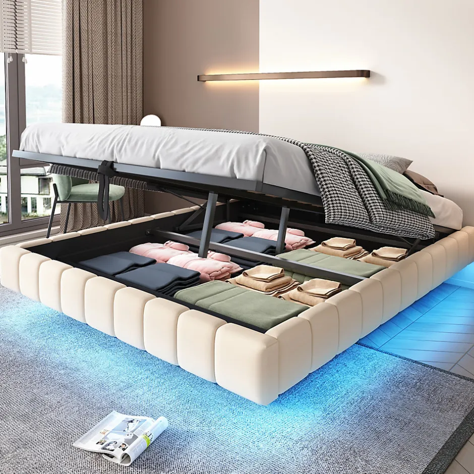 Okwish Lit Coffre Double 160x200 cm - avec Sommier à Ressorts et Rangement Intégré, LED Incluse, Sans Matelas, Tissu Lin Beige Online