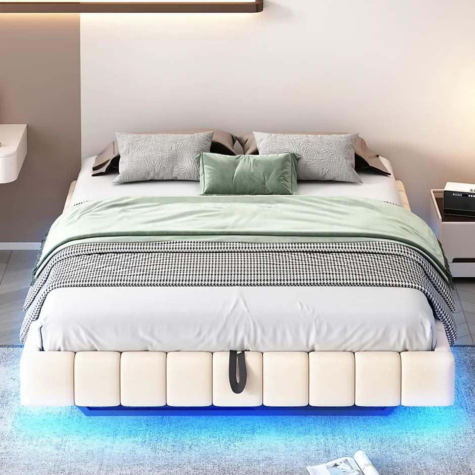 Okwish Lit Coffre Double 160x200 cm - avec Sommier à Ressorts et Rangement Intégré, LED Incluse, Sans Matelas, Tissu Lin Beige Online