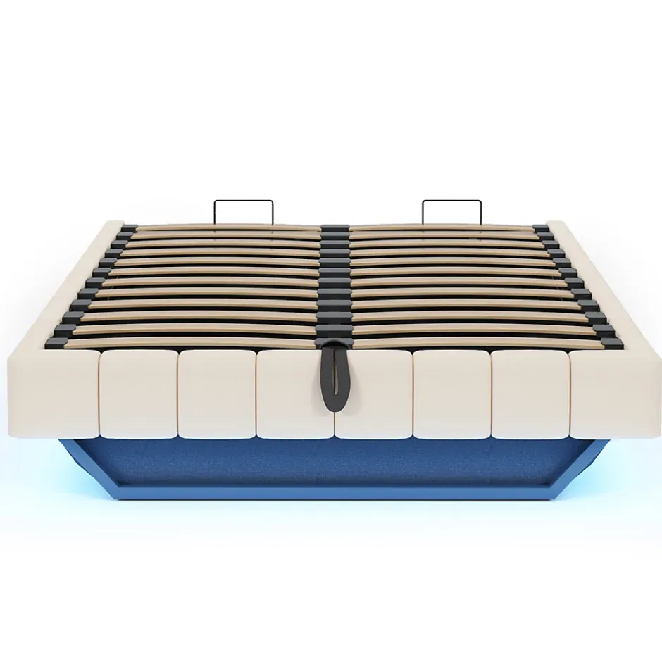 Okwish Lit Coffre Double 160x200 cm - avec Sommier à Ressorts et Rangement Intégré, LED Incluse, Sans Matelas, Tissu Lin Beige Online