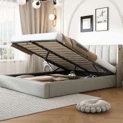 Okwish Lit Coffre Double 140x190 cm - Lit Capitonné avec LED et Rangement Hydraulique - Sans Matelas - Gris