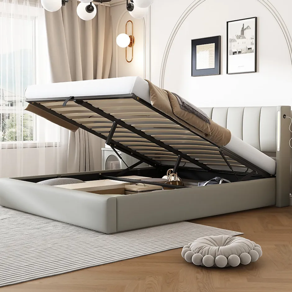 Okwish Lit Coffre Double 140x190 cm - Lit Capitonné avec LED et Rangement Hydraulique - Sans Matelas - Gris