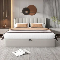 Okwish Lit Coffre Double 140x190 cm - Lit Capitonné avec LED et Rangement Hydraulique - Sans Matelas - Gris
