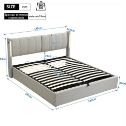 Okwish Lit Coffre Double 140x190 cm - Lit Capitonné avec LED et Rangement Hydraulique - Sans Matelas - Gris