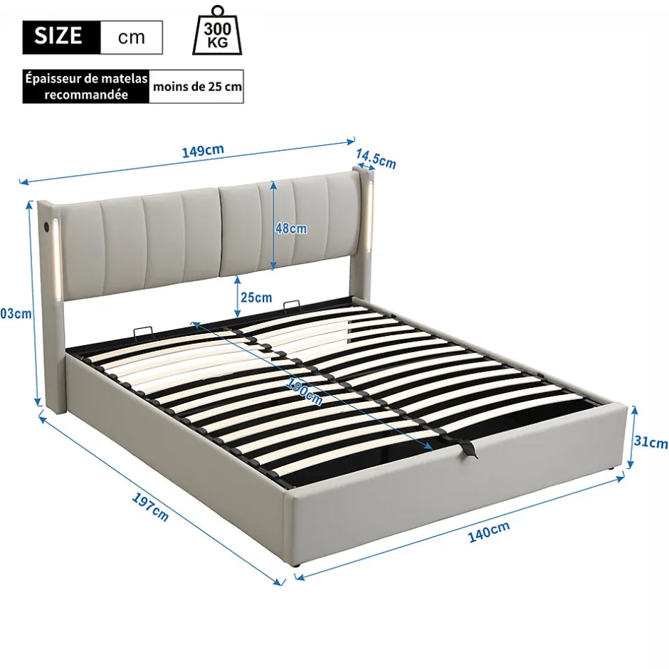 Okwish Lit Coffre Double 140x190 cm - Lit Capitonné avec LED et Rangement Hydraulique - Sans Matelas - Gris