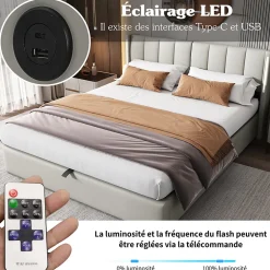 Okwish Lit Coffre Double 140x190 cm - Lit Capitonné avec LED et Rangement Hydraulique - Sans Matelas - Gris