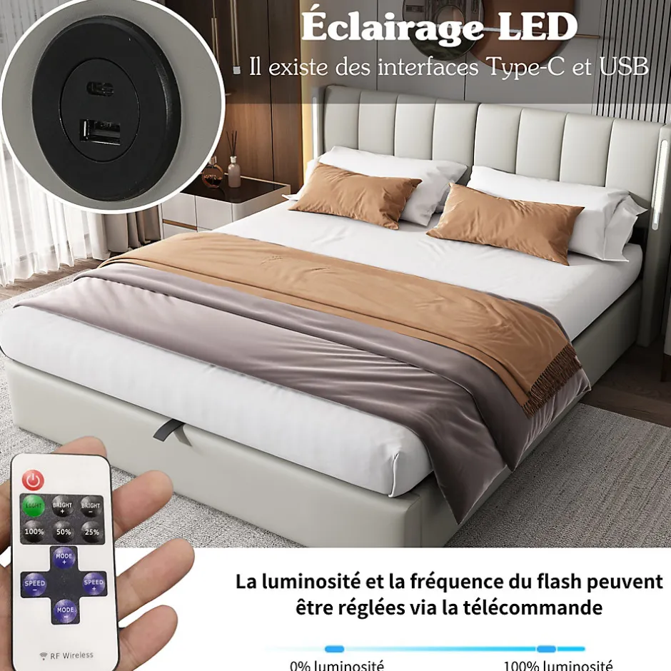 Okwish Lit Coffre Double 140x190 cm - Lit Capitonné avec LED et Rangement Hydraulique - Sans Matelas - Gris