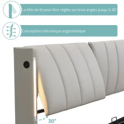Okwish Lit Coffre Double 140x190 cm - Lit Capitonné avec LED et Rangement Hydraulique - Sans Matelas - Gris