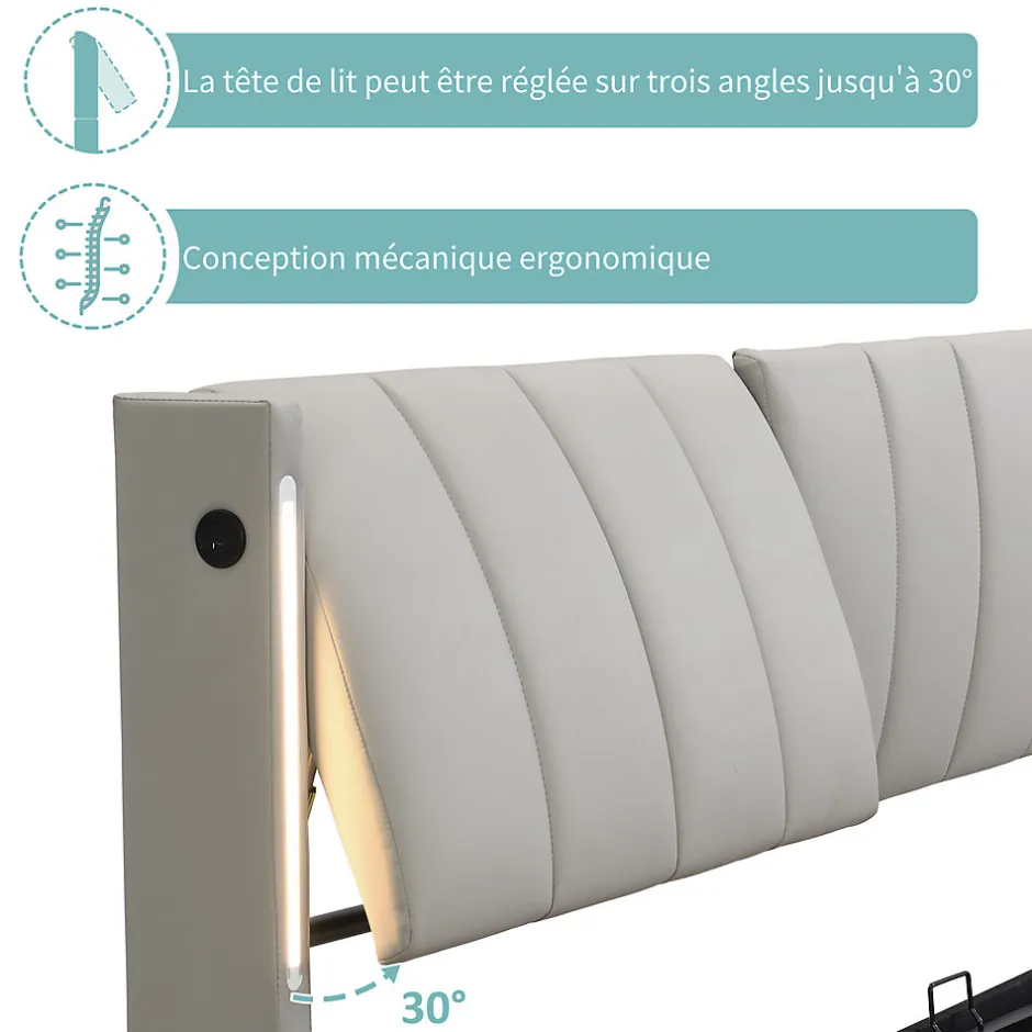 Okwish Lit Coffre Double 140x190 cm - Lit Capitonné avec LED et Rangement Hydraulique - Sans Matelas - Gris
