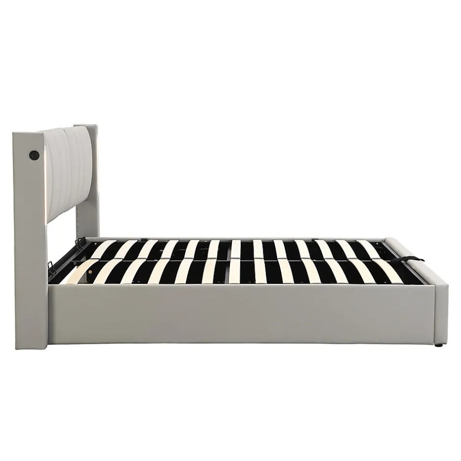 Okwish Lit Coffre Double 140x190 cm - Lit Capitonné avec LED et Rangement Hydraulique - Sans Matelas - Gris