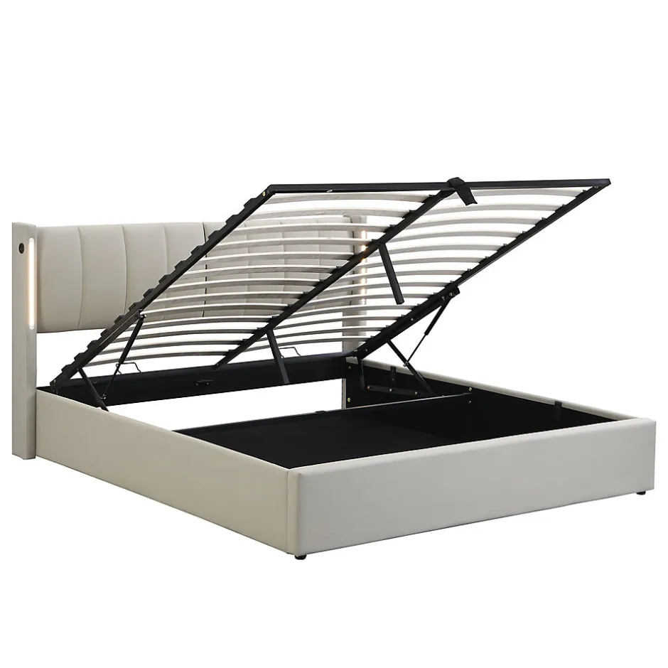 Okwish Lit Coffre Double 140x190 cm - Lit Capitonné avec LED et Rangement Hydraulique - Sans Matelas - Gris
