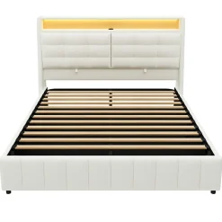 Okwish Lit Coffre Double 160x200 cm - Lit Adulte PU avec Éclairage LED et Port USB, Idéal pour la chambre - Blanc