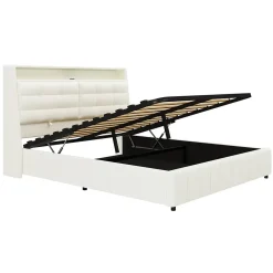 Okwish Lit Coffre Double 160x200 cm - Lit Adulte PU avec Éclairage LED et Port USB, Idéal pour la chambre - Blanc