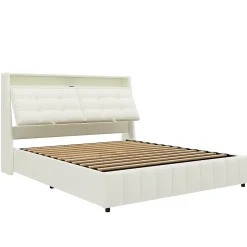 Okwish Lit Coffre Double 160x200 cm - Lit Adulte PU avec Éclairage LED et Port USB, Idéal pour la chambre - Blanc