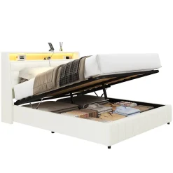 Okwish Lit Coffre Double 160x200 cm - Lit Adulte PU avec Éclairage LED et Port USB, Idéal pour la chambre - Blanc