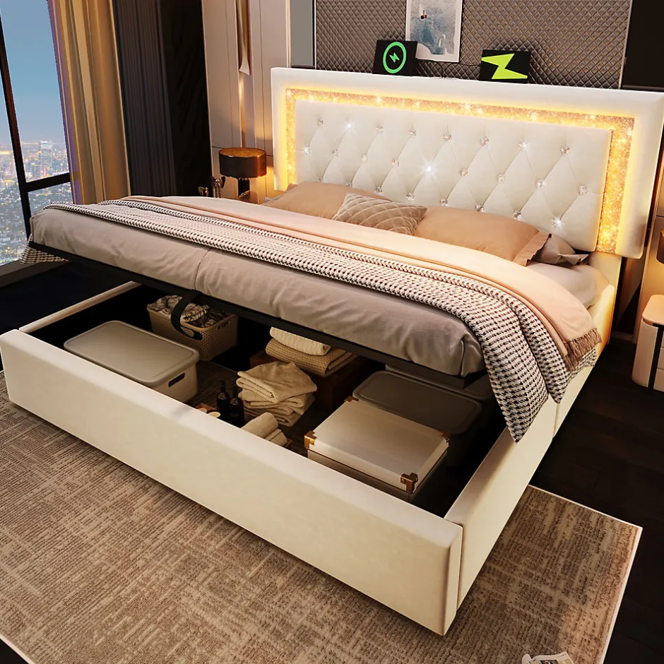 Okwish Lit Coffre Double 160x200 cm - LED Diamant et USB Type-C, Rangement Hydraulique, Sommier à Lattes, Velours Beige - Sans Matelas