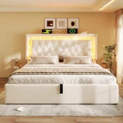 Okwish Lit Coffre Double 160x200 cm - LED Diamant et USB Type-C, Rangement Hydraulique, Sommier à Lattes, Velours Beige - Sans Matelas