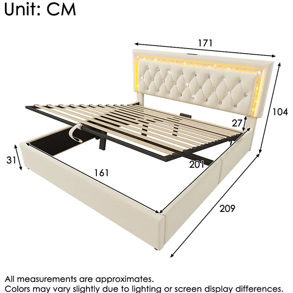 Okwish Lit Coffre Double 160x200 cm - LED Diamant et USB Type-C, Rangement Hydraulique, Sommier à Lattes, Velours Beige - Sans Matelas