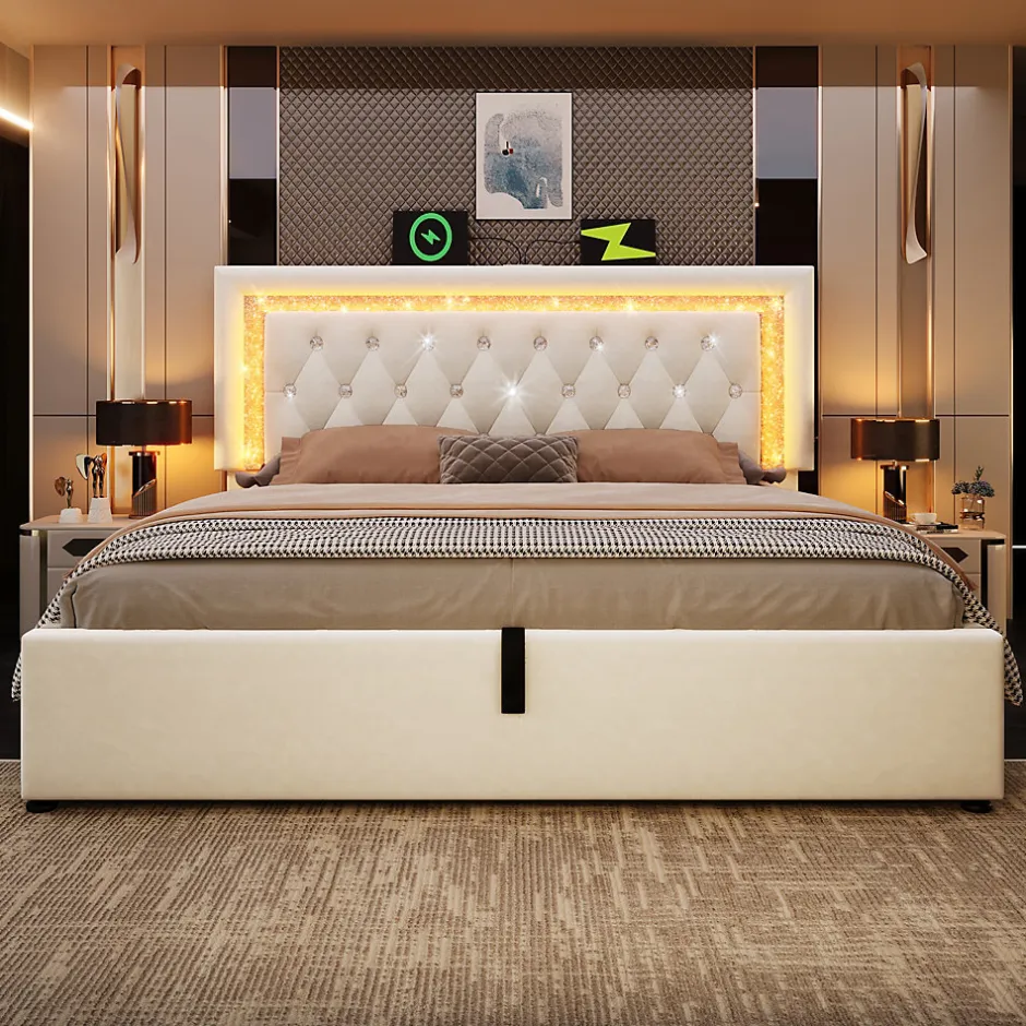 Okwish Lit Coffre Double 160x200 cm - LED Diamant et USB Type-C, Rangement Hydraulique, Sommier à Lattes, Velours Beige - Sans Matelas