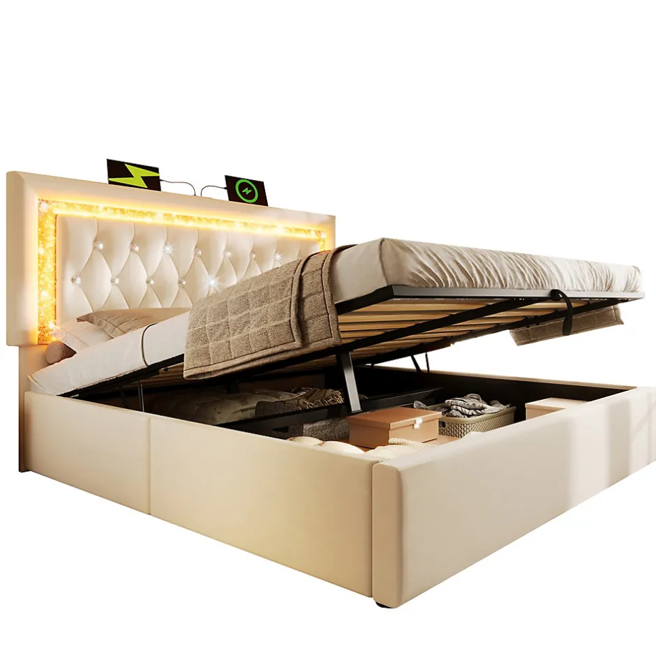 Okwish Lit Coffre Double 160x200 cm - LED Diamant et USB Type-C, Rangement Hydraulique, Sommier à Lattes, Velours Beige - Sans Matelas