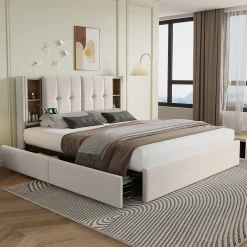 Okwish Lit Coffre Double 160x200 cm - Lit Adulte Capitonné avec 4 Tiroirs, Charge Sans Fil, USB, Type-C - Lin Beige - Matelas Inclus
