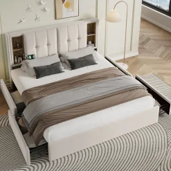 Okwish Lit Coffre Double 160x200 cm - Lit Adulte Capitonné avec 4 Tiroirs, Charge Sans Fil, USB, Type-C - Lin Beige - Matelas Inclus