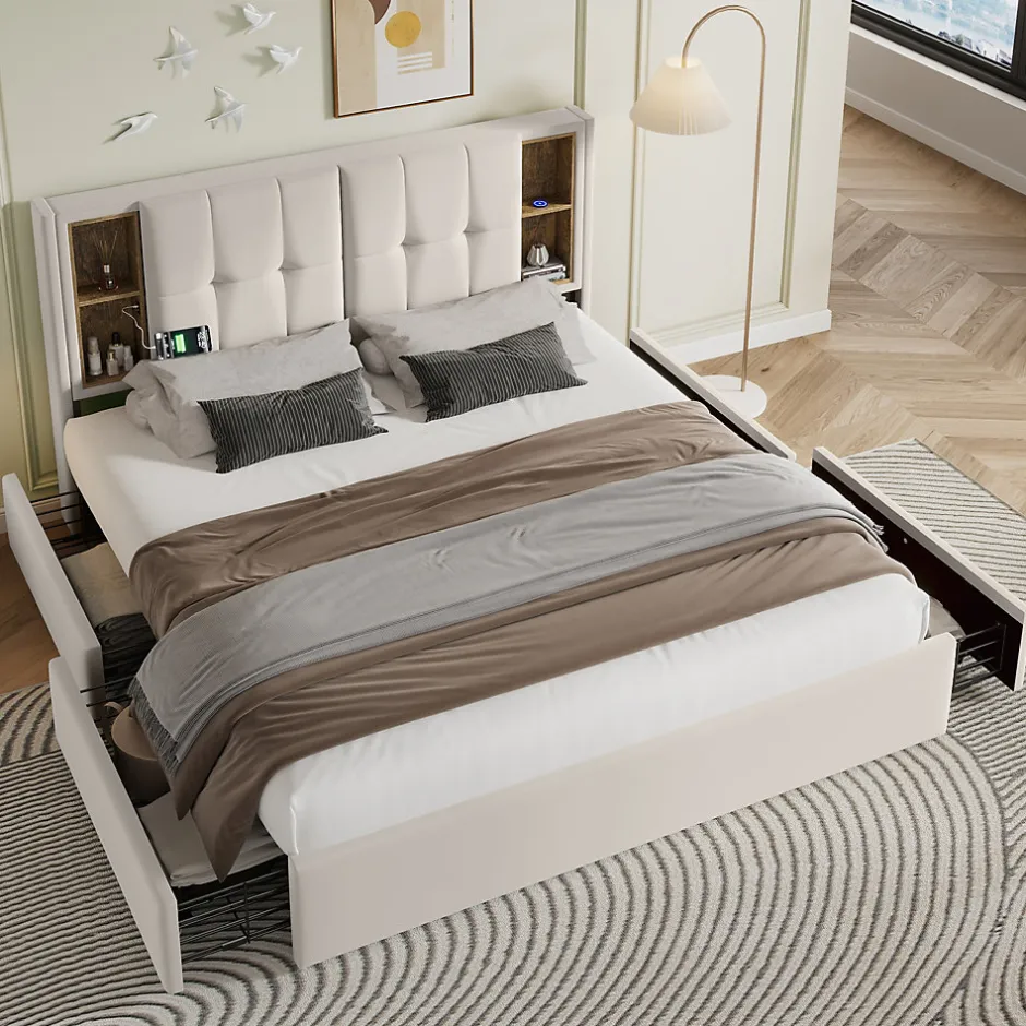 Okwish Lit Coffre Double 160x200 cm - Lit Adulte Capitonné avec 4 Tiroirs, Charge Sans Fil, USB, Type-C - Lin Beige - Matelas Inclus