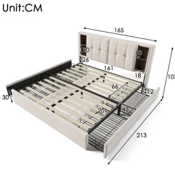 Okwish Lit Coffre Double 160x200 cm - Lit Adulte Capitonné avec 4 Tiroirs, Charge Sans Fil, USB, Type-C - Lin Beige - Matelas Inclus