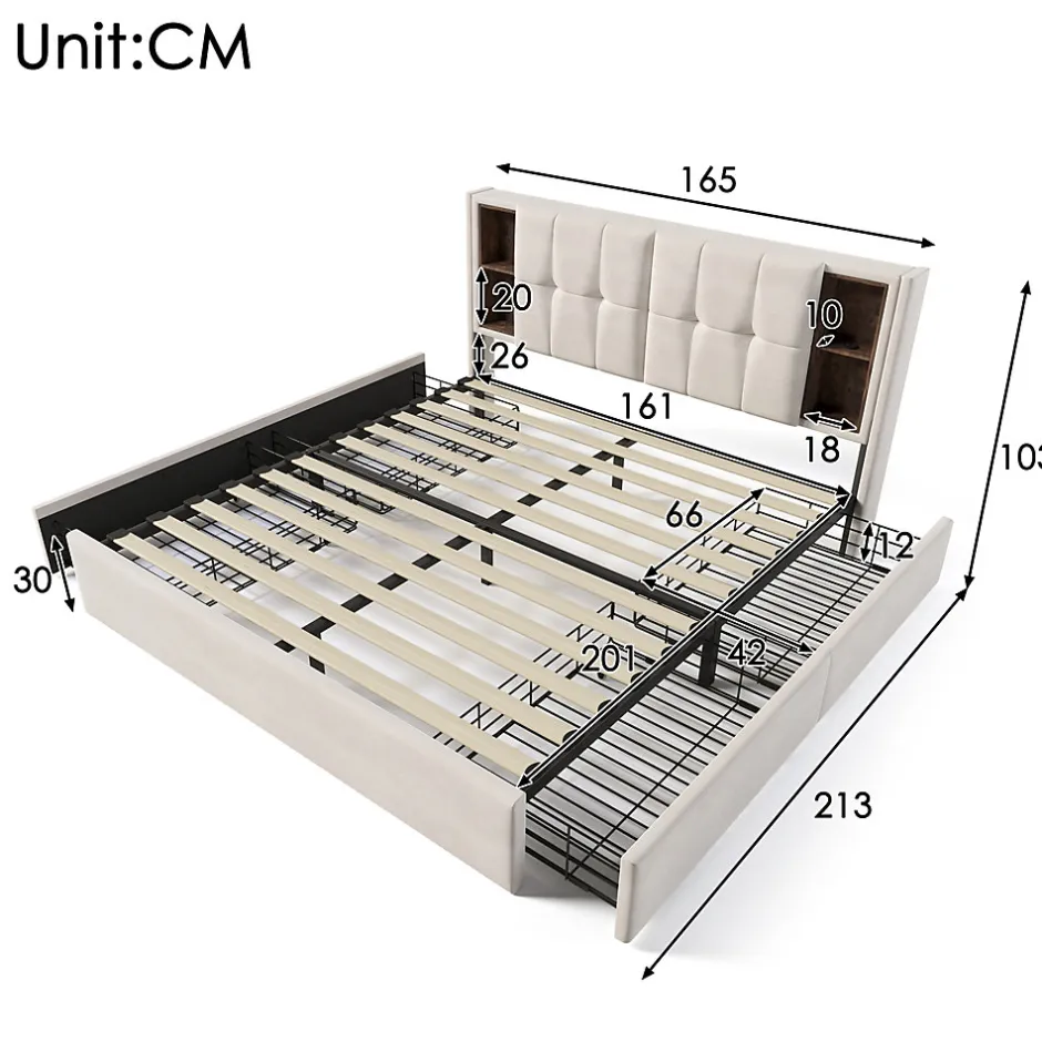 Okwish Lit Coffre Double 160x200 cm - Lit Adulte Capitonné avec 4 Tiroirs, Charge Sans Fil, USB, Type-C - Lin Beige - Matelas Inclus