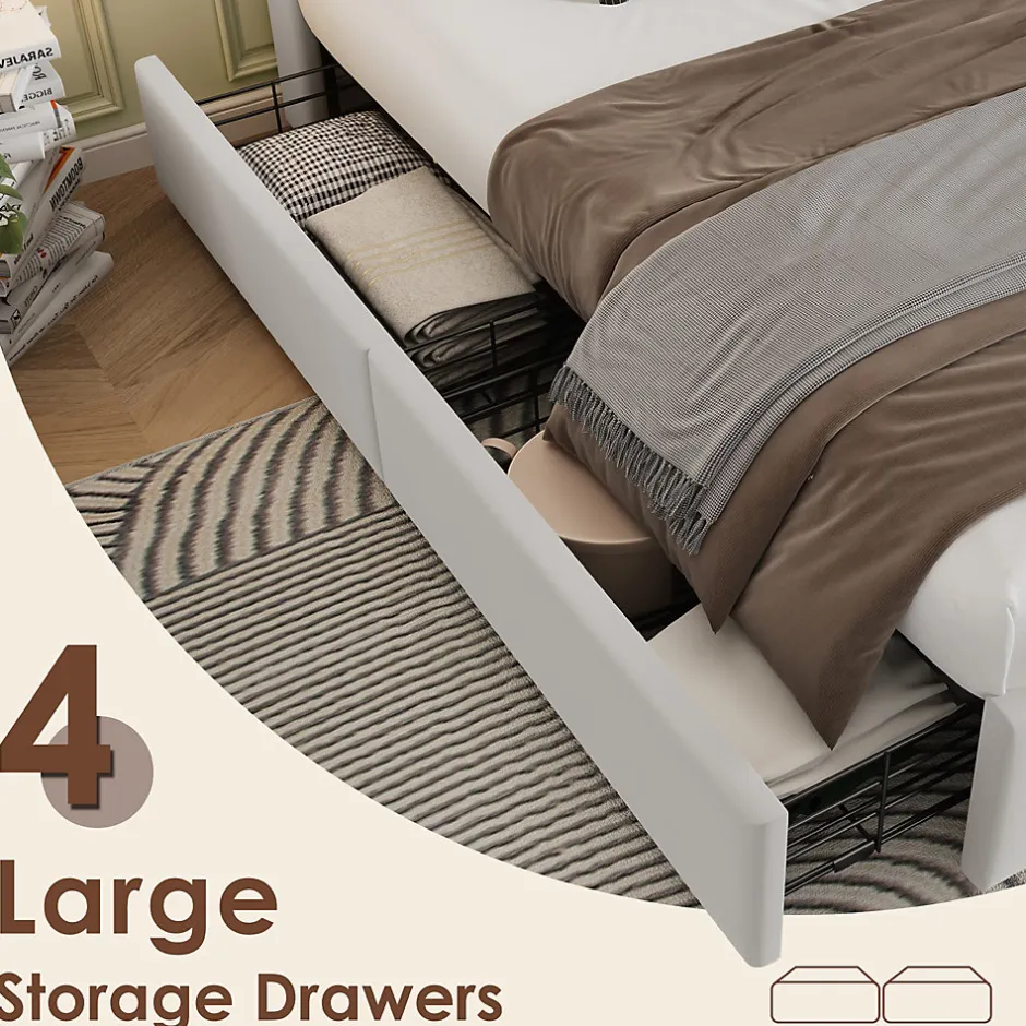 Okwish Lit Coffre Double 160x200 cm - Lit Adulte Capitonné avec 4 Tiroirs, Charge Sans Fil, USB, Type-C - Lin Beige - Matelas Inclus