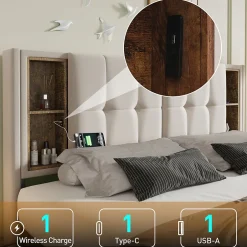 Okwish Lit Coffre Double 160x200 cm - Lit Adulte Capitonné avec 4 Tiroirs, Charge Sans Fil, USB, Type-C - Lin Beige - Matelas Inclus