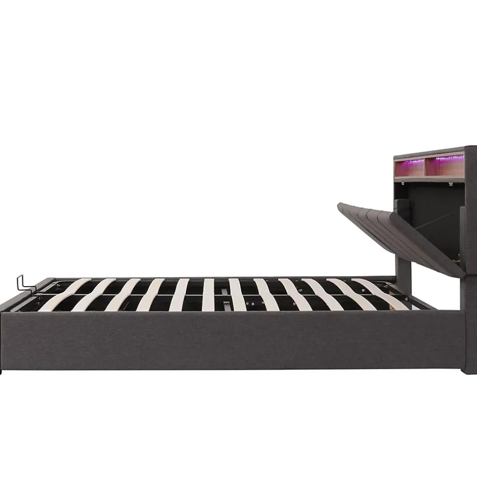 Okwish Lit Coffre Double 140x190 cm - Lit Hydraulique avec Rangement et Éclairage LED - Tissu Lin - Sans Matelas - Gris