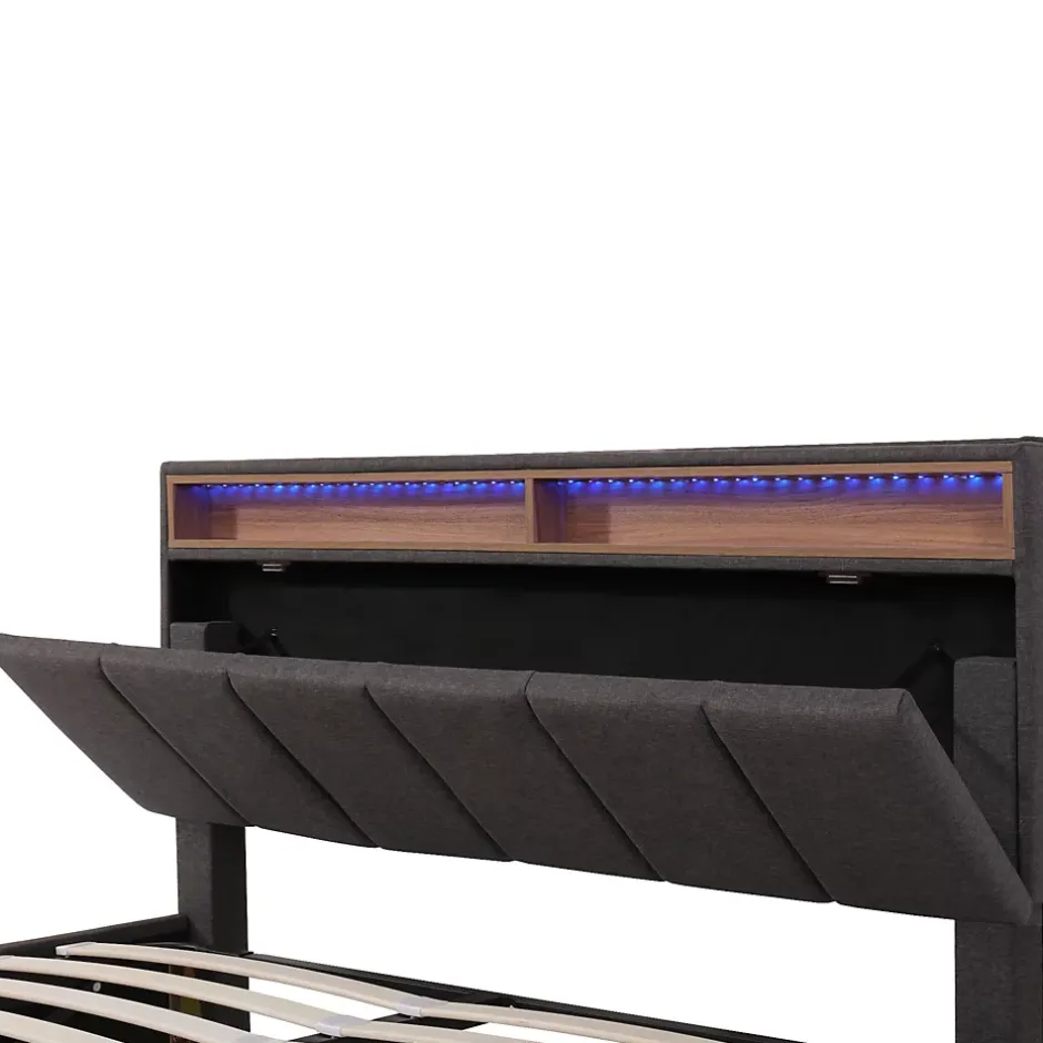 Okwish Lit Coffre Double 140x190 cm - Lit Hydraulique avec Rangement et Éclairage LED - Tissu Lin - Sans Matelas - Gris