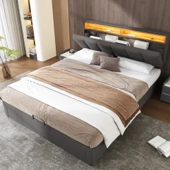 Okwish Lit Coffre Double 140x190 cm - Lit Hydraulique avec Rangement et Éclairage LED - Tissu Lin - Sans Matelas - Gris