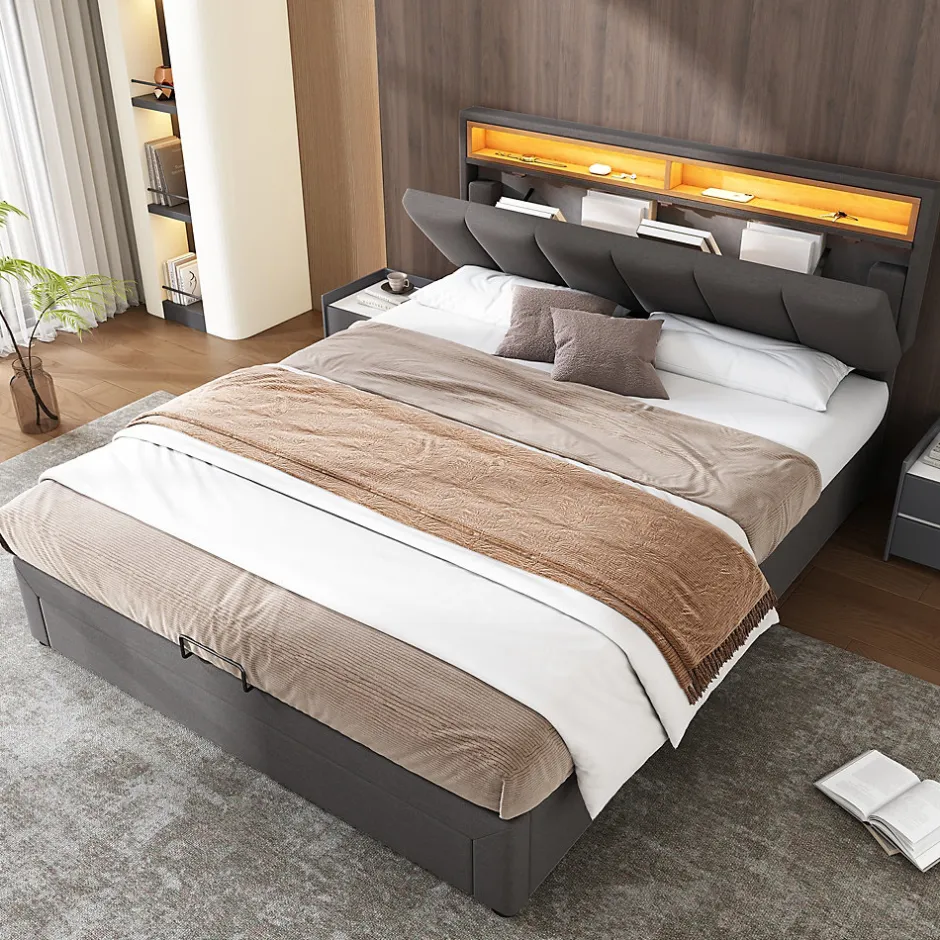 Okwish Lit Coffre Double 140x190 cm - Lit Hydraulique avec Rangement et Éclairage LED - Tissu Lin - Sans Matelas - Gris