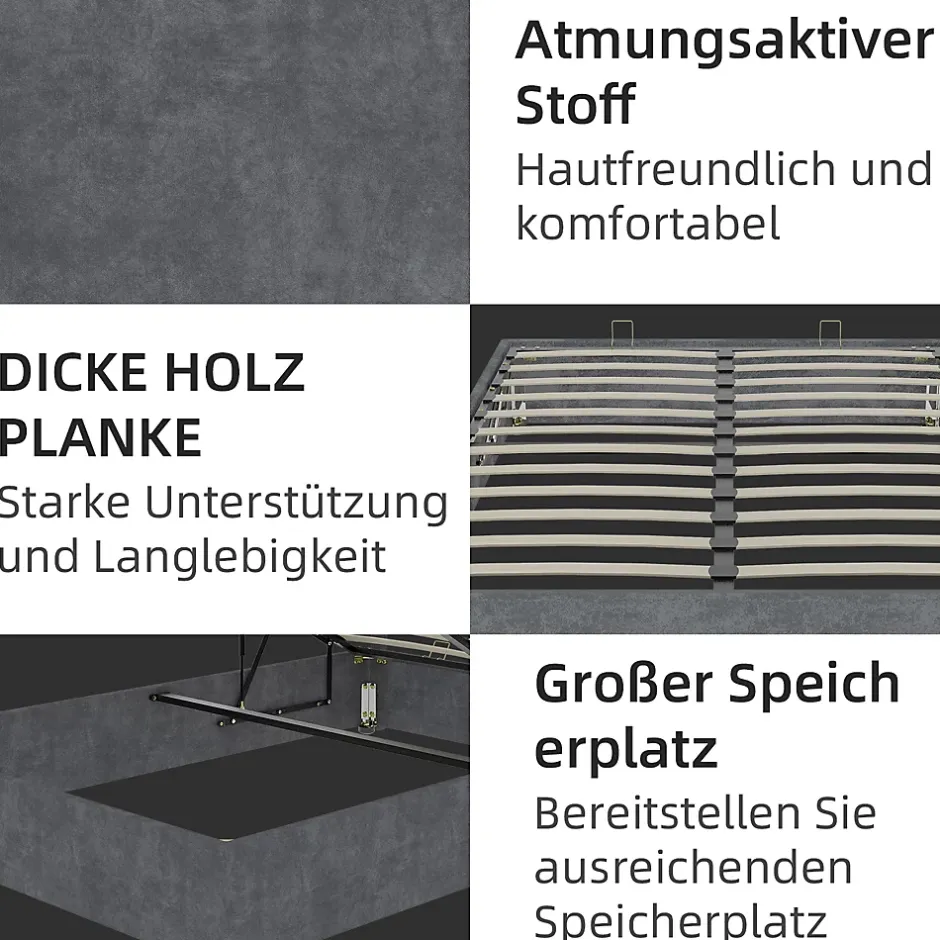 Okwish Lit Coffre Double 160x200 cm - Moderne en Velours Hollandais avec Vérin Hydraulique, Sans Tête de Lit - Gris - Sans Matelas Outlet