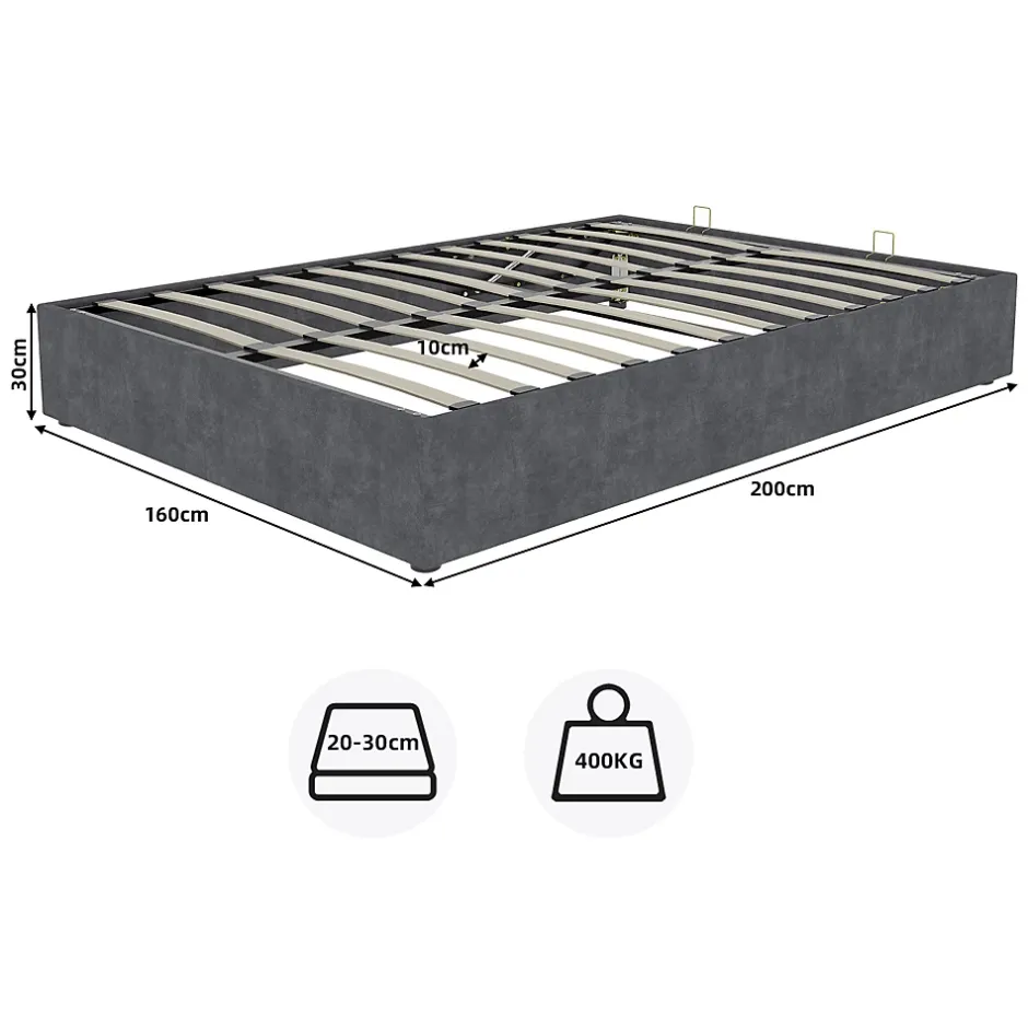 Okwish Lit Coffre Double 160x200 cm - Moderne en Velours Hollandais avec Vérin Hydraulique, Sans Tête de Lit - Gris - Sans Matelas Outlet
