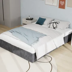 Okwish Lit Coffre Double 160x200 cm - Moderne en Velours Hollandais avec Vérin Hydraulique, Sans Tête de Lit - Gris - Sans Matelas Outlet
