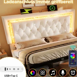 Okwish Lit Coffre Double 140x200 cm - Tête de Lit LED et USB Type-C, Sommier à Lattes, Rangement Hydraulique, Velours Beige, Sans Matelas Online