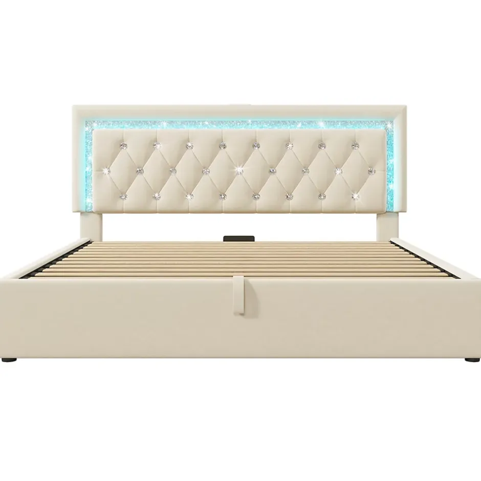 Okwish Lit Coffre Double 140x200 cm - Tête de Lit LED et USB Type-C, Sommier à Lattes, Rangement Hydraulique, Velours Beige, Sans Matelas Online