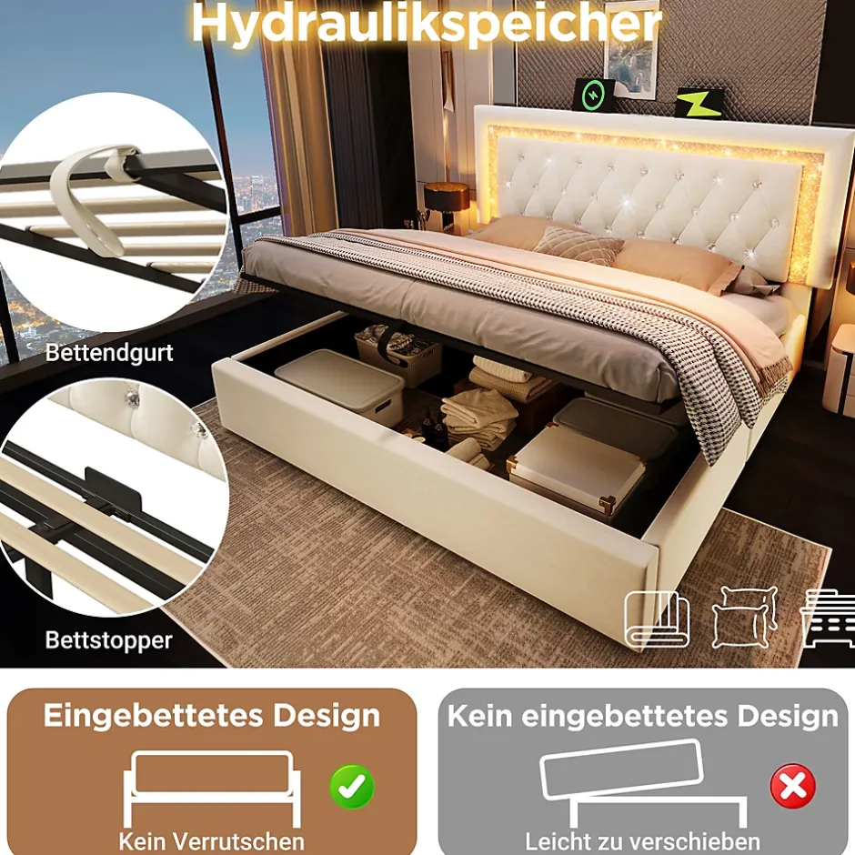 Okwish Lit Coffre Double 140x200 cm - Tête de Lit LED et USB Type-C, Sommier à Lattes, Rangement Hydraulique, Velours Beige, Sans Matelas Online