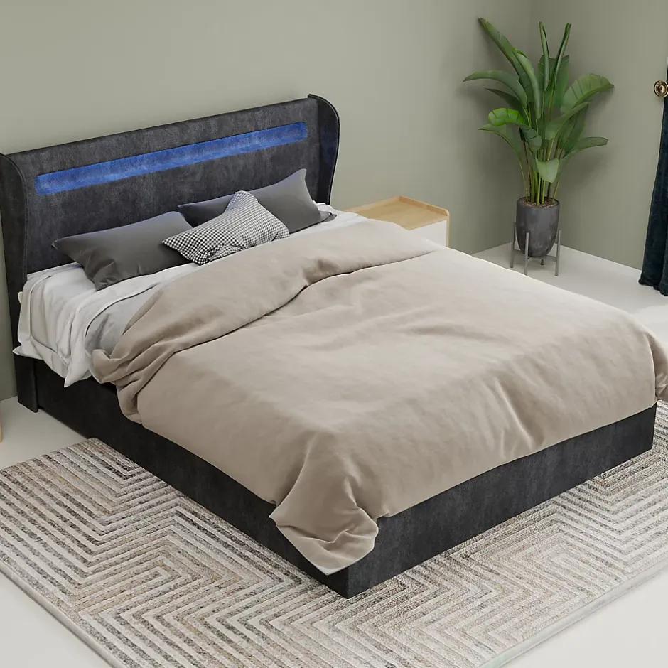 Okwish Lit Coffre Double 140x200 cm Adulte Moderne, Mécanisme à Vérin à Gaz et Rangement, Sans Tête de Lit, Sans Matelas, Velours Gris Outlet