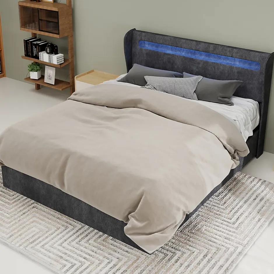 Okwish Lit Coffre Double 140x200 cm Adulte Moderne, Mécanisme à Vérin à Gaz et Rangement, Sans Tête de Lit, Sans Matelas, Velours Gris Outlet