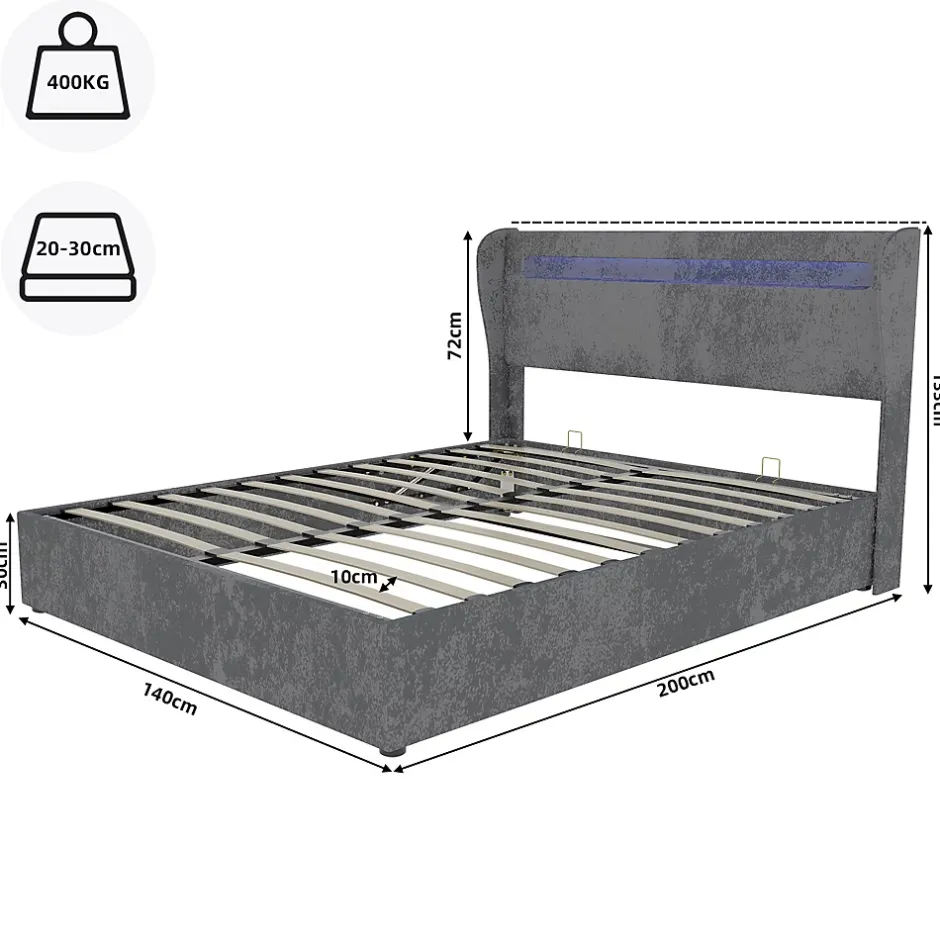 Okwish Lit Coffre Double 140x200 cm Adulte Moderne, Mécanisme à Vérin à Gaz et Rangement, Sans Tête de Lit, Sans Matelas, Velours Gris Outlet