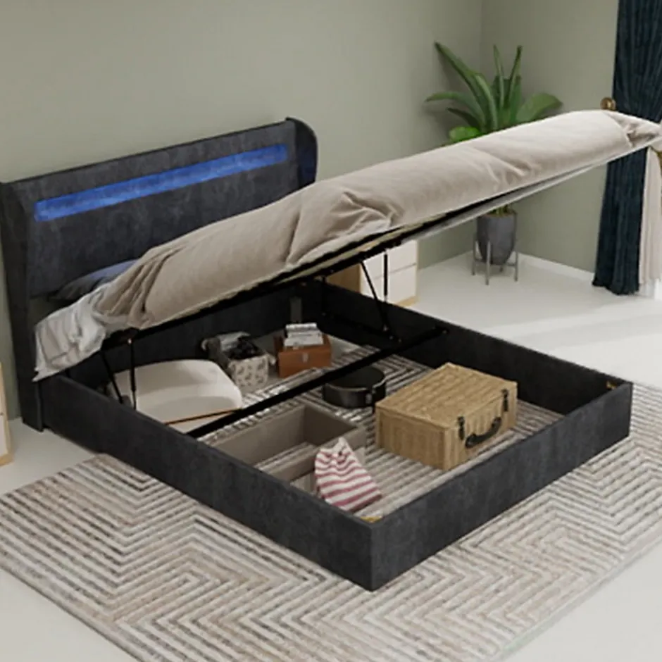 Okwish Lit Coffre Double 140x200 cm Adulte Moderne, Mécanisme à Vérin à Gaz et Rangement, Sans Tête de Lit, Sans Matelas, Velours Gris Outlet