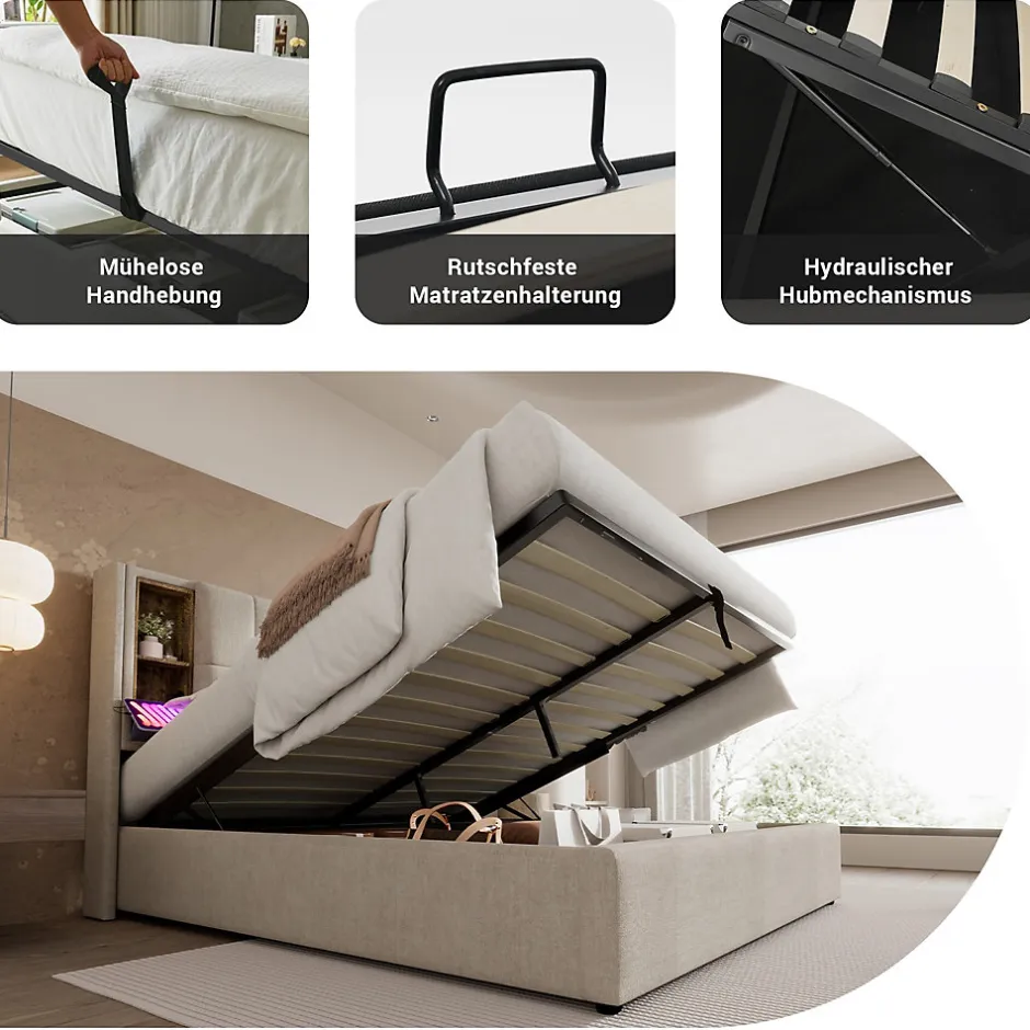 Okwish Lit Coffre Double 140x200 cm avec LED et Port USB, Lit Rembourré Moderne avec Coffre Hydraulique - Lin Naturel - Sans Matelas