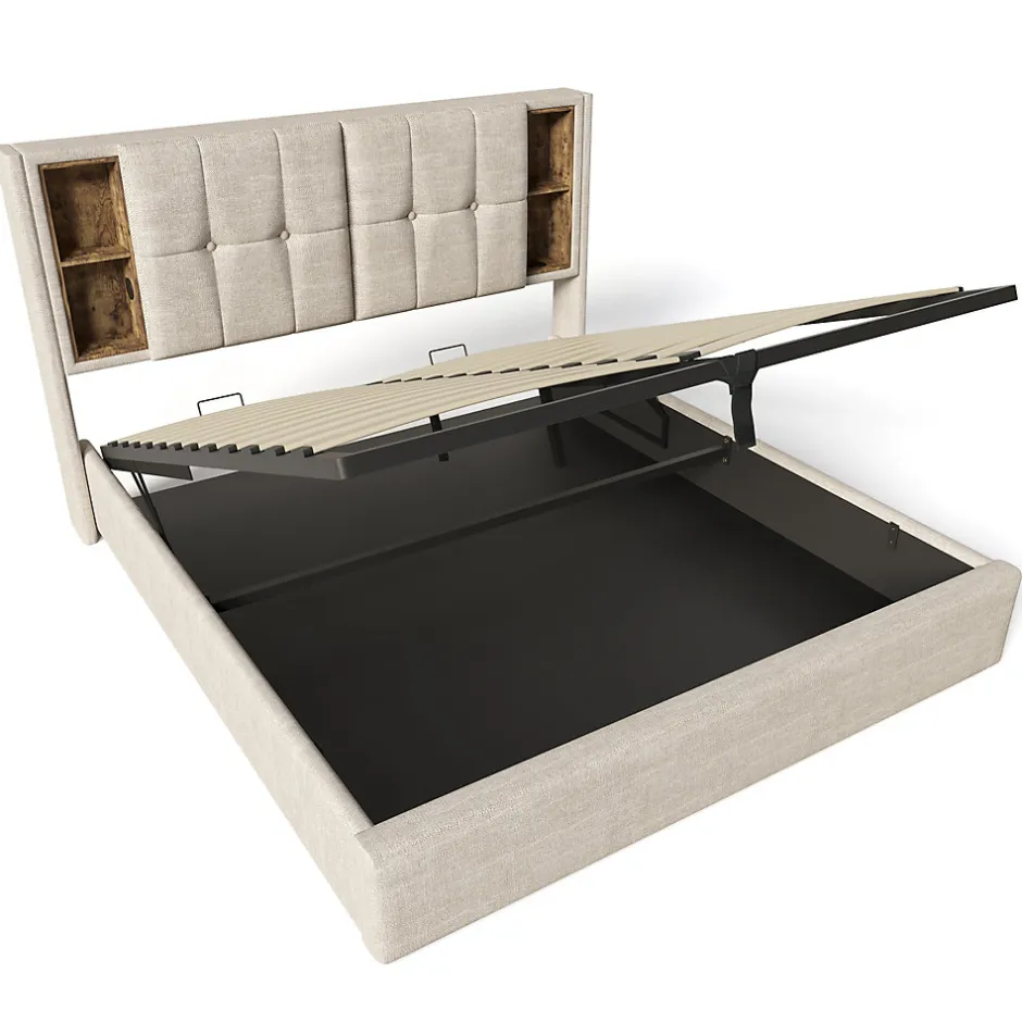 Okwish Lit Coffre Double 140x200 cm avec LED et Port USB, Lit Rembourré Moderne avec Coffre Hydraulique - Lin Naturel - Sans Matelas