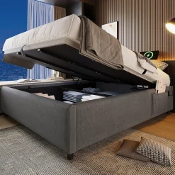 Okwish Lit Coffre Double 160x200 cm avec Coffre de Rangement et Port USB-C, Cadre Bois Massif et Coton Gris, Sans Matelas